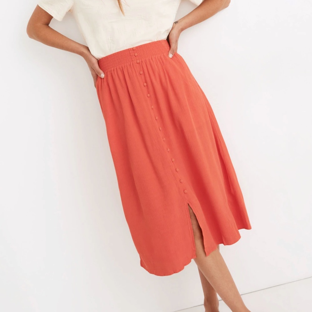 Maxwell Smocked-Waist Button-Front Midi Skirt